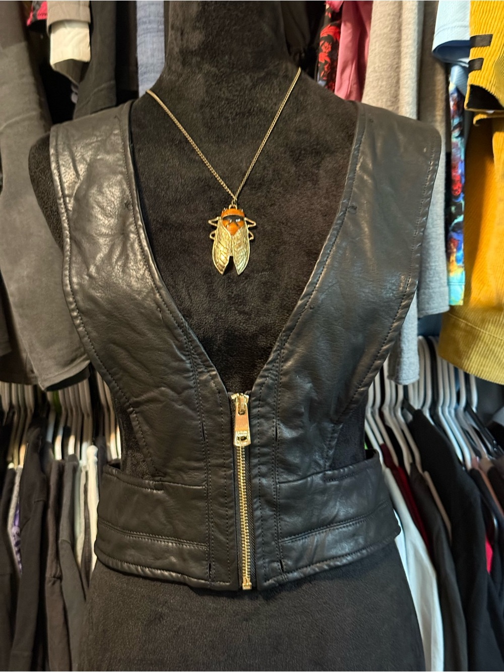 Black Faux Leather Zipper-Front Women's Vest Top/Jacket